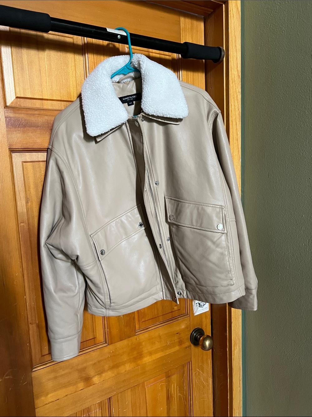 Kenneth Cole Beige Faux Leather Bomber Jacket with Shearling Collar - Like New